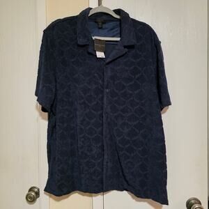 New Men's Magaschoni Button Up Short Sleeve Terry Jacquard Shirt Blue XL